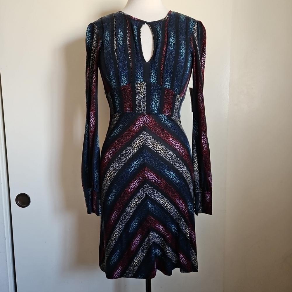 Free People Black Multicolor Boho Dress Long Sleeves Open Back Size 0